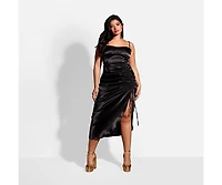 Rebdolls Women's Plus Size Mina Satin Adjustable Ruched Midi Bodycon Dress
