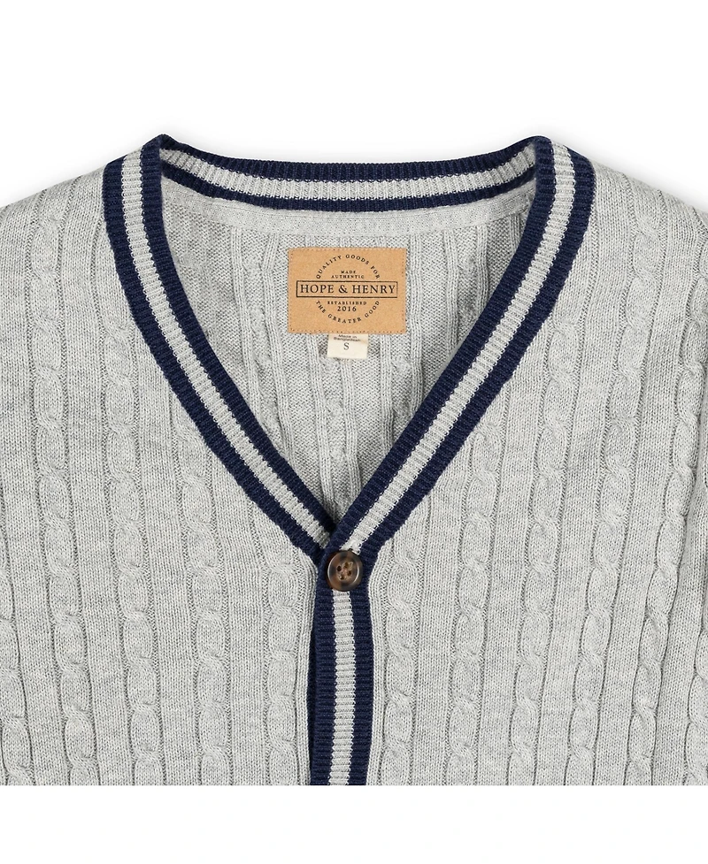 Hope & Henry Boys Organic Long Sleeve Cable Knit Cardigan Sweater with Stripe Trim