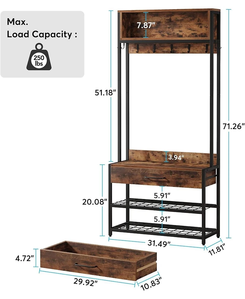 Tribesigns 3 in 1 Entrance Area Hallway Tree with Drawer, Vintage Industrial Coat Rack with Shoe Bench and Stable, Mudroom Bench with Shoe Rack and 9
