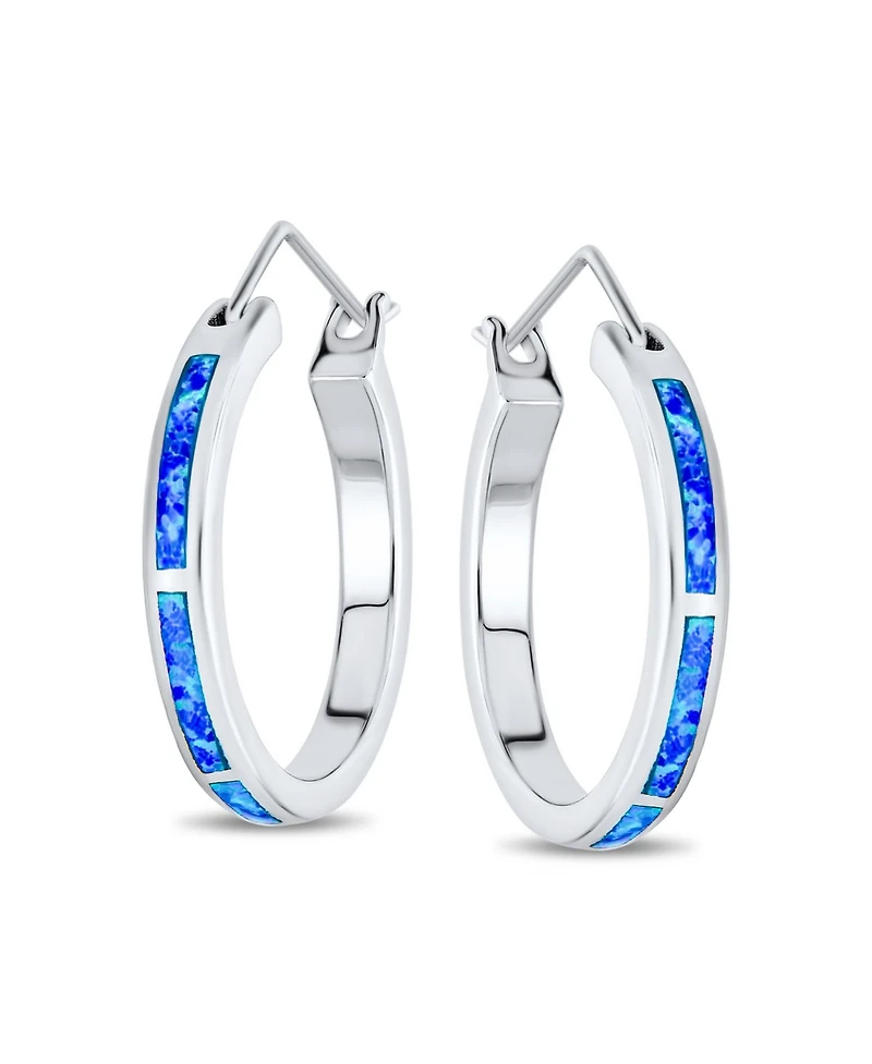 Bling Jewelry Created White Blue Opal Inlay Thin Flat Tube Large Hoop Earrings Rose Gold .925 Sterling Silver