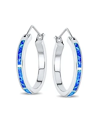 Bling Jewelry Created White Blue Opal Inlay Thin Flat Tube Large Hoop Earrings Rose Gold .925 Sterling Silver
