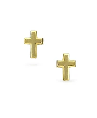Bling Jewelry Tiny Minimalist Religious Christian Cross Stud Earrings 14K Yellow Gold Matte Brush Finish Safety Clutch Screw back