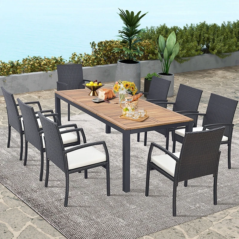 Costway 9 Pcs Patio Rattan Dining Set with Acacia Wood Table, Cushions