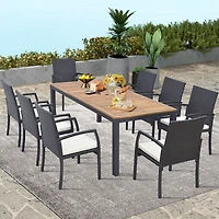 Costway 9 Pcs Patio Rattan Dining Set with Acacia Wood Table, Cushions