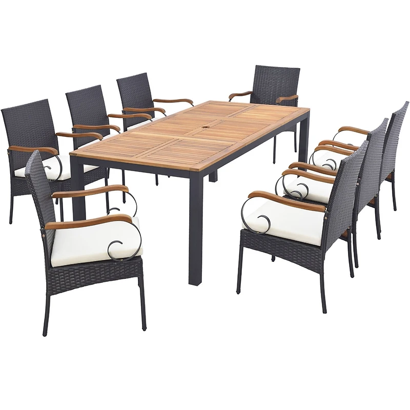 Costway 9 Pcs Patio Rattan Dining Set with Acacia Wood Table, Cushions, 1.9" Umbrella Hole