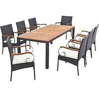 Costway 9 Pcs Patio Rattan Dining Set with Acacia Wood Table, Cushions, 1.9" Umbrella Hole