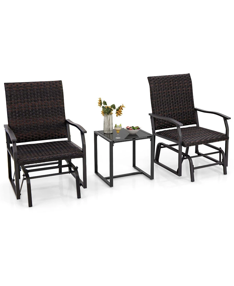 Slickblue 3 Piece Patio Gliding Set with Tempered Glass Coffee Table-Brown