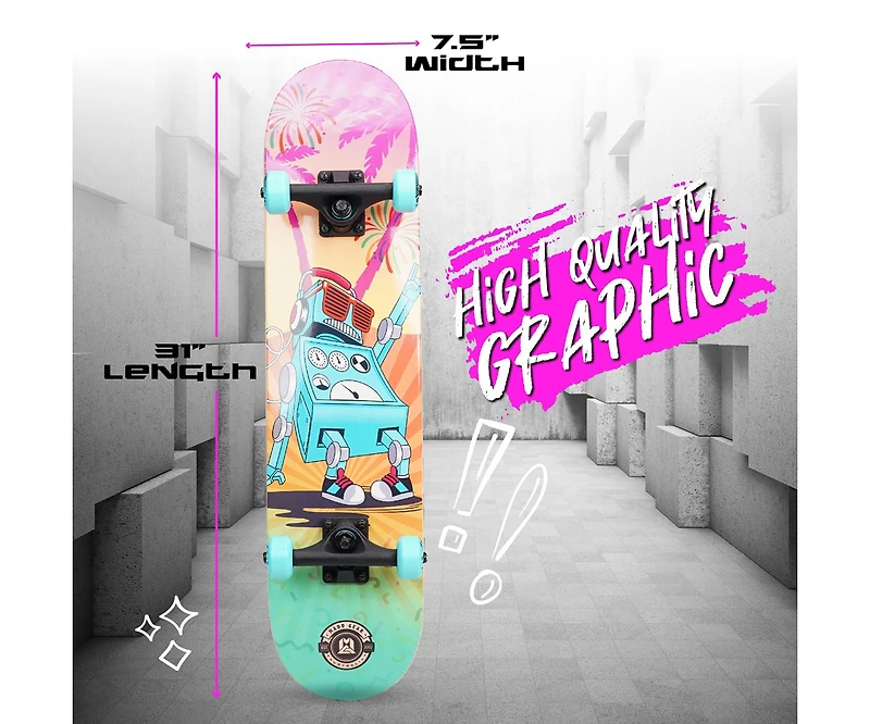 Madd Gear Beginner Skateboard for Kids Ages 5+ – 31" Popsicle Deck – Double Kicktail – Abec-5 Bearings – Max 110 lbs