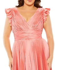 Mac Duggal Plus Flutter Sleeve Pleated V-Neck Gown