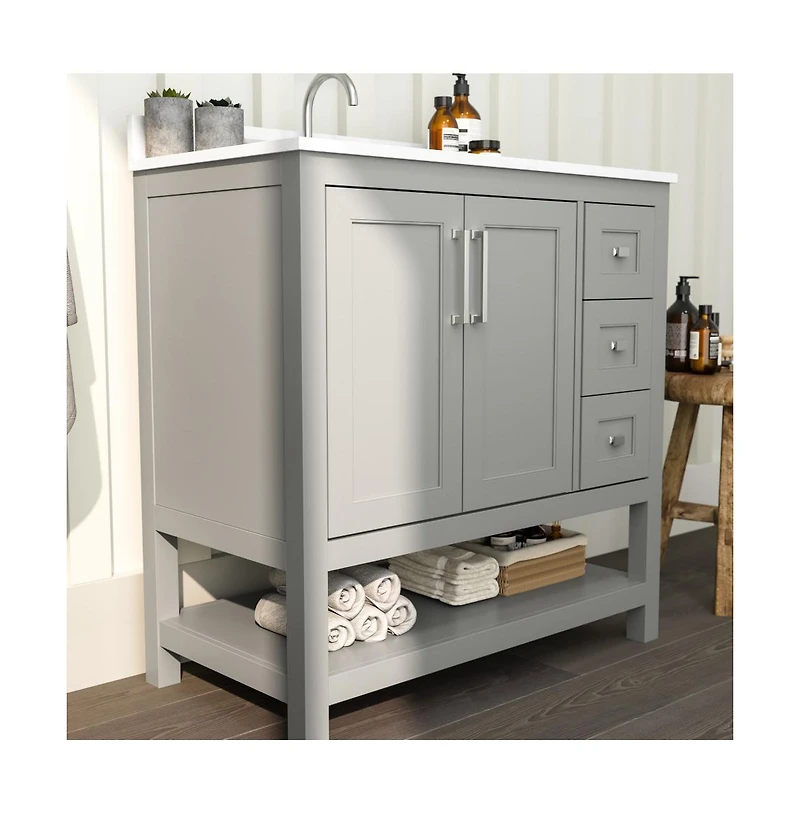 Merrick Lane Vigo Bathroom Vanity With Ceramic Sink, Carrara Marble Finish Countertop, Storage Cabinet With Soft Close Doors, Open Shelf And 3 Drawers