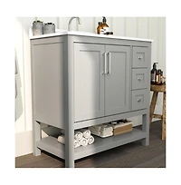 Merrick Lane Vigo Bathroom Vanity With Ceramic Sink, Carrara Marble Finish Countertop, Storage Cabinet With Soft Close Doors, Open Shelf And 3 Drawers