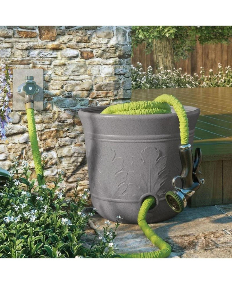 Suncast 300 Foot Heavy Duty 5 Gallon Decorative Expandable Garden Hose Pot, Gray