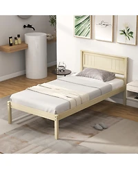 Sugift Twin Size Wooden Bed Frame with Headboard and Slat Support