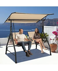 Slickblue 2-Seat Outdoor Cushioned Porch Swing with Adjustable Canopy and Tempered Glass Table-Beige