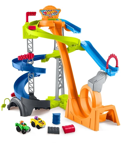 Little People Hot Wheels Spiral Stunt Speedway Playset with 2 Cars & Accessories