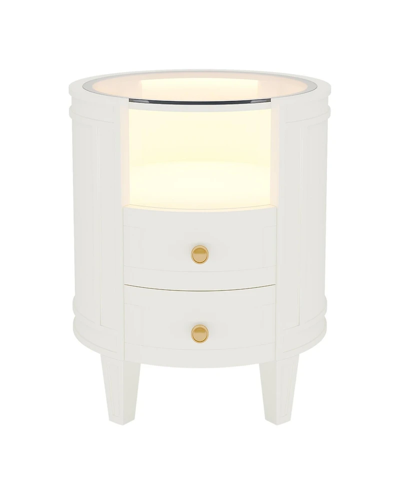 Tribesigns 2-Drawer Nightstand with Glass Tabletop, Modern White Oval Led Nightstands, No Assembly Required, Oval Round Night Stand Side Table for Bed