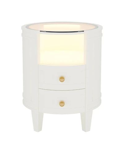 Tribesigns 2-Drawer Nightstand with Glass Tabletop, Modern White Oval Led Nightstands, No Assembly Required, Oval Round Night Stand Side Table for Bed