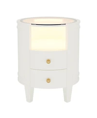 Tribesigns 2-Drawer Nightstand with Glass Tabletop, Modern White Oval Led Nightstands, No Assembly Required, Oval Round Night Stand Side Table for Bed