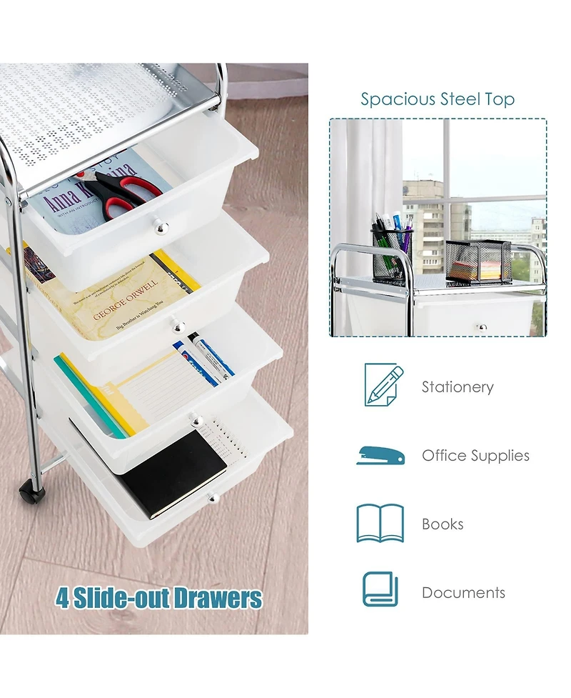 Sugift 4-Drawer Cart Storage Bin Organizer Rolling with Plastic Drawers
