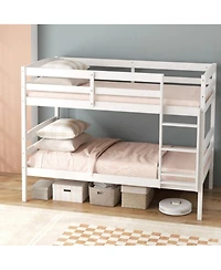 Sugift Solid Wood Twin Over Bunk Bed Frame with High Guardrails and Integrated Ladder