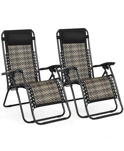 Gymax Set of 2 Folding Rattan Patio Zero Gravity Lounge Chair Recliner w/ Headrest