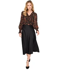 Cece Womens Floral Print Blouse Satin Midi Skirt