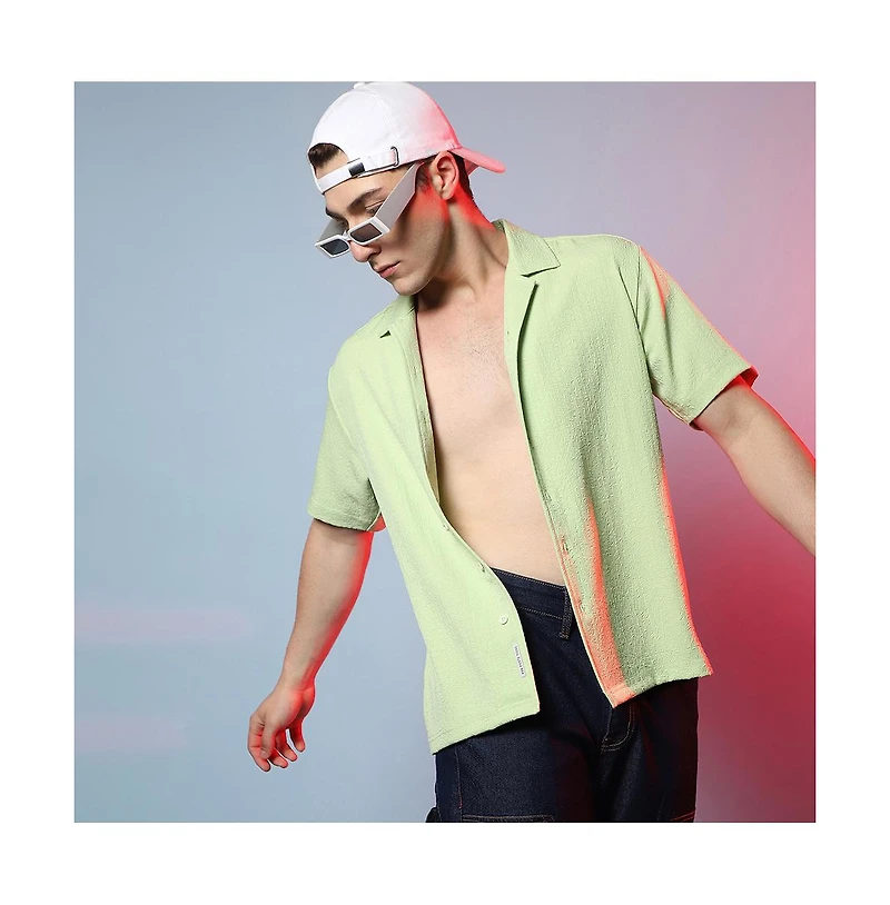 Men's Lime Green Self-Design Creased Box Shirt