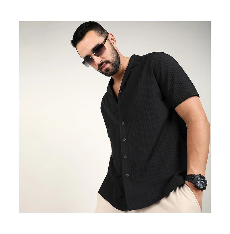 Men's Charcoal Black Self-Design Striped Shirt