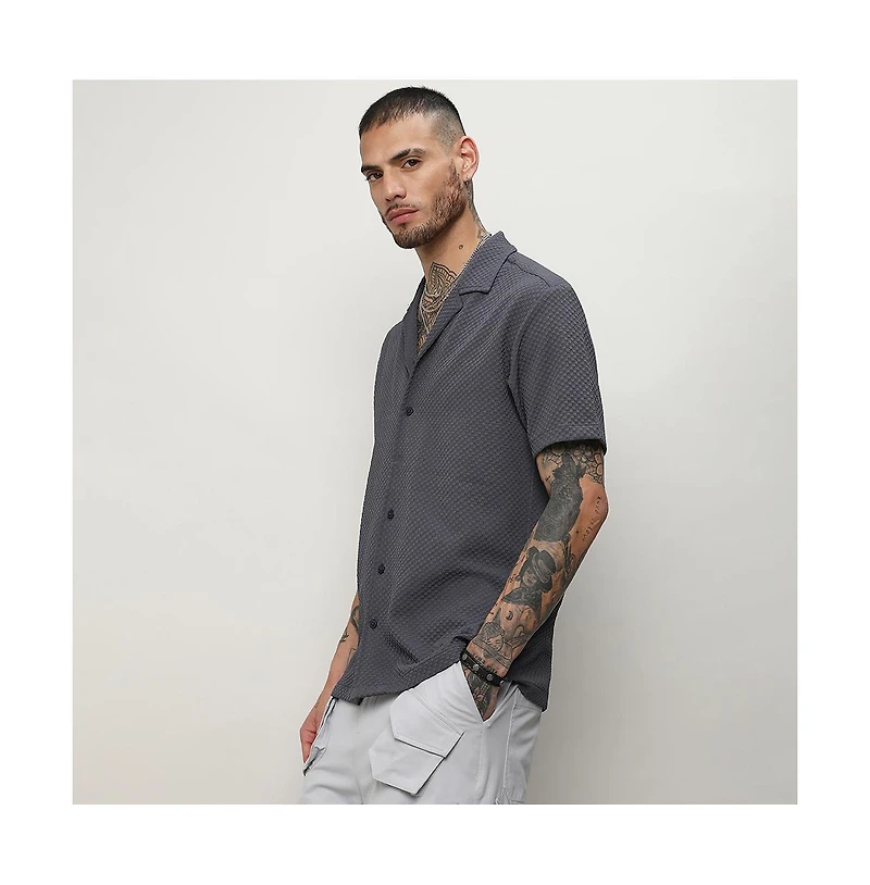 Men's Charcoal Grey Self-Design Block Shirt