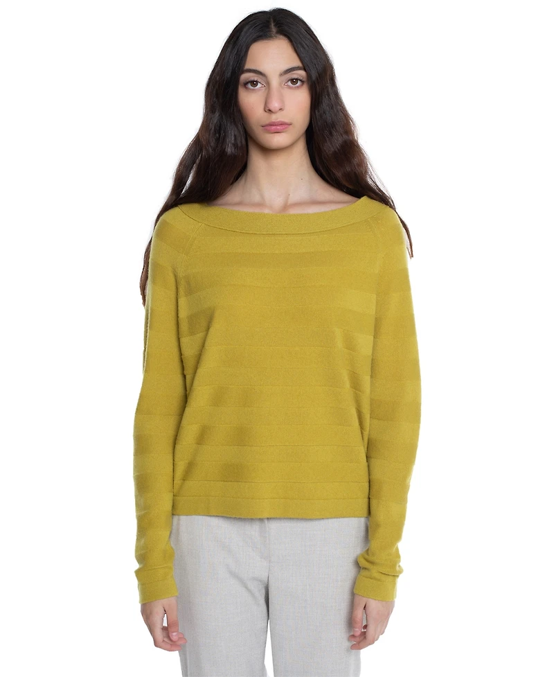 J Cashmere Women's 100% Pure Horizontal Rib Boatneck Raglan Sweater