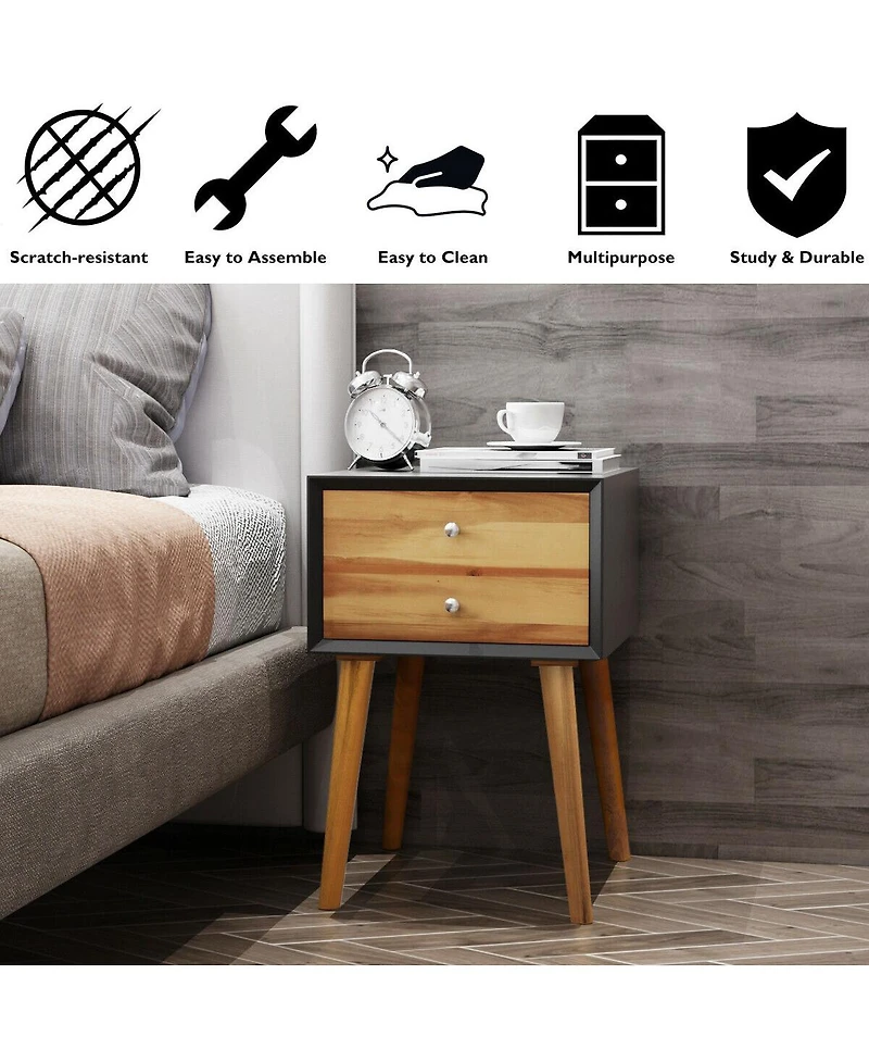 Sugift Mid-Century Wooden Multipurpose End Table with 2 Storage Drawers