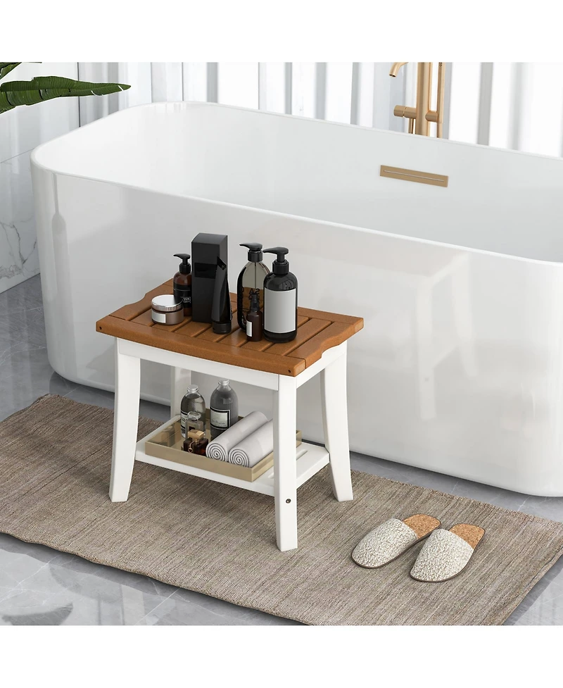 Sugift 2-Tier Hdpe Waterproof Shower Bench with Storage Shelf