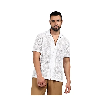 Men's Chalk White Floral Embroidered Shirt