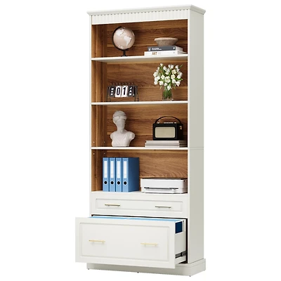 Tribesigns 5-Shelf Bookcase with Drawers, 72" Tall White Bookshelf, Modern Free-Standing Wood Bookcase, Large Open Display Storage Book Shelf for Livi