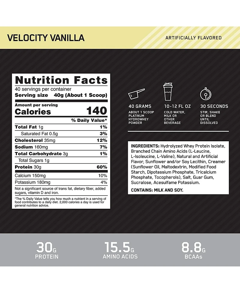 Optimum Nutrition Optimum Nutrition, Platinum Hydro Whey Protein Powder, Velocity Vanilla, 3.52 lb, 40 Servings