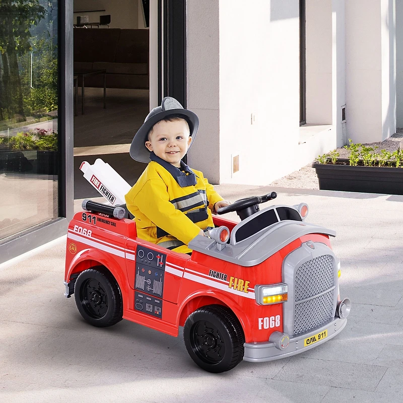 Aosom 6V Electric Ride-On Fire Truck Vehicle for Kids with Remote Control
