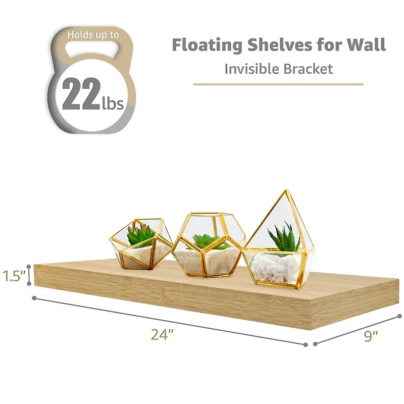 Sorbus Set of 3 (24"x9") Rectangle Floating Shelves with Invisible Brackets - for Bedroom, Kitchen Decor, Bathroom Shelves (Maple)
