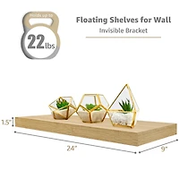 Sorbus Set of 3 (24"x9") Rectangle Floating Shelves with Invisible Brackets - for Bedroom, Kitchen Decor, Bathroom Shelves (Maple)