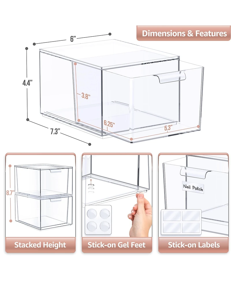 Sorbus 2 Pack Clear Stackable Acrylic Drawer Makeup Organizers - for Vanity, Bathroom, Under Sink, Cabinets, Jewelry, and More