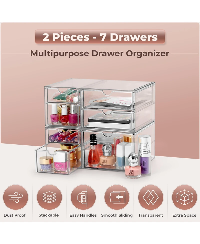 Sorbus 7 Drawers Acrylic Organizer for Makeup, Organization and Storage, Art Supplies, Jewelry, Stationary - 2 Pcs Clear Stackable Storage Drawers