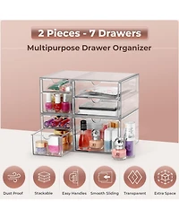 Sorbus 7 Drawers Acrylic Organizer for Makeup, Organization and Storage, Art Supplies, Jewelry, Stationary - 2 Pcs Clear Stackable Storage Drawers