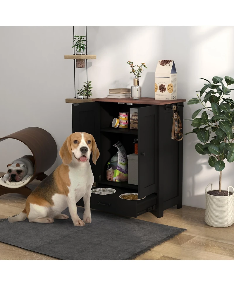 PawHut Dog Feeding Station w/ Raised Dog Bowls, Adjustable Panel, Black