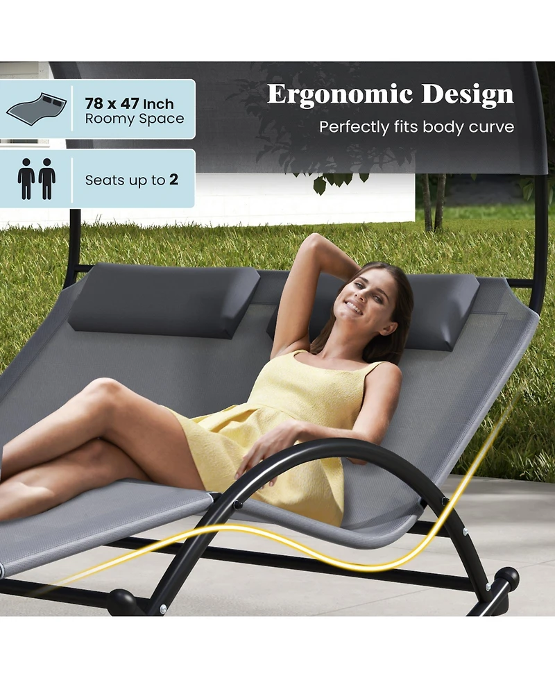 Vebreda Outdoor Dual Rocker Sunbed 2-Person Canopied Patio Lounger with Detachable Headrests