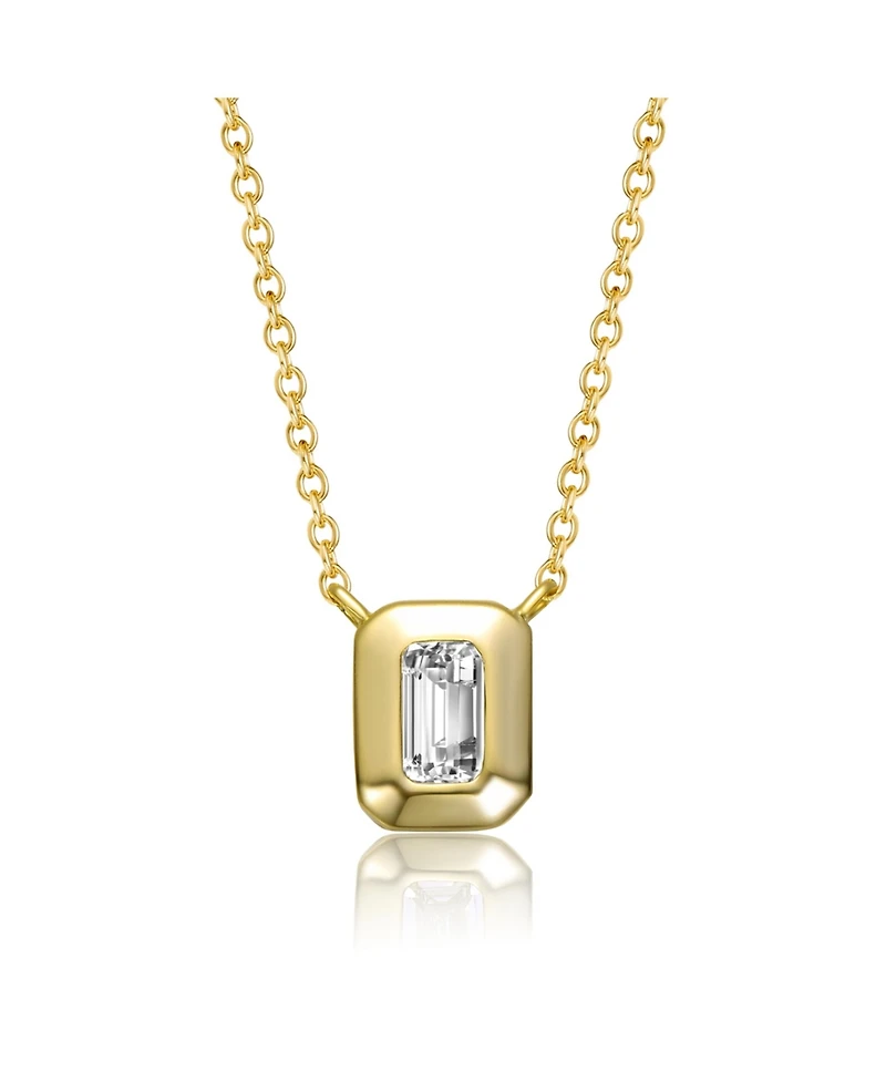Sterling Silver 14k Gold Plated Rectangular Green Cut Cubic Zirconia Bezel Solitaire Necklace