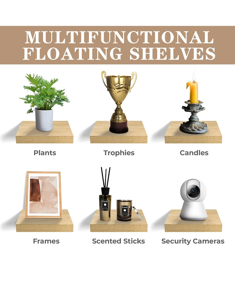 Sorbus 9 Inch 4 Pack Wall Mounted Floating Square Shelves - for Bedroom, Kitchen, Living Room, Bathroom (Maple)