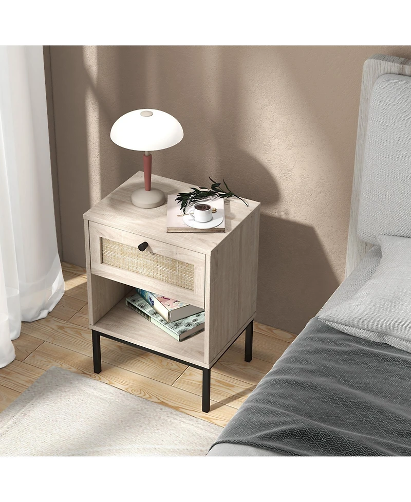 Sugift Rattan Nightstand Boho End Table with Rattan Drawer & Open Shelf