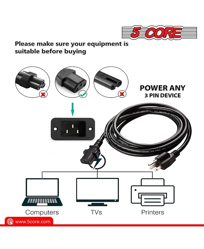 5 Core 6 Feet 2 Pieces 3 Prong Replacement Ac Wall Power Cord for Lcd Computer Monitor Premium Quality Copper Wire Pc 1001 2 Pcs