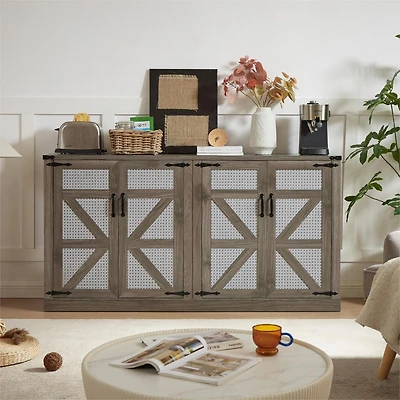 Streamdale 65" Slate Gray Faux Rattan Sideboard with Barn Doors