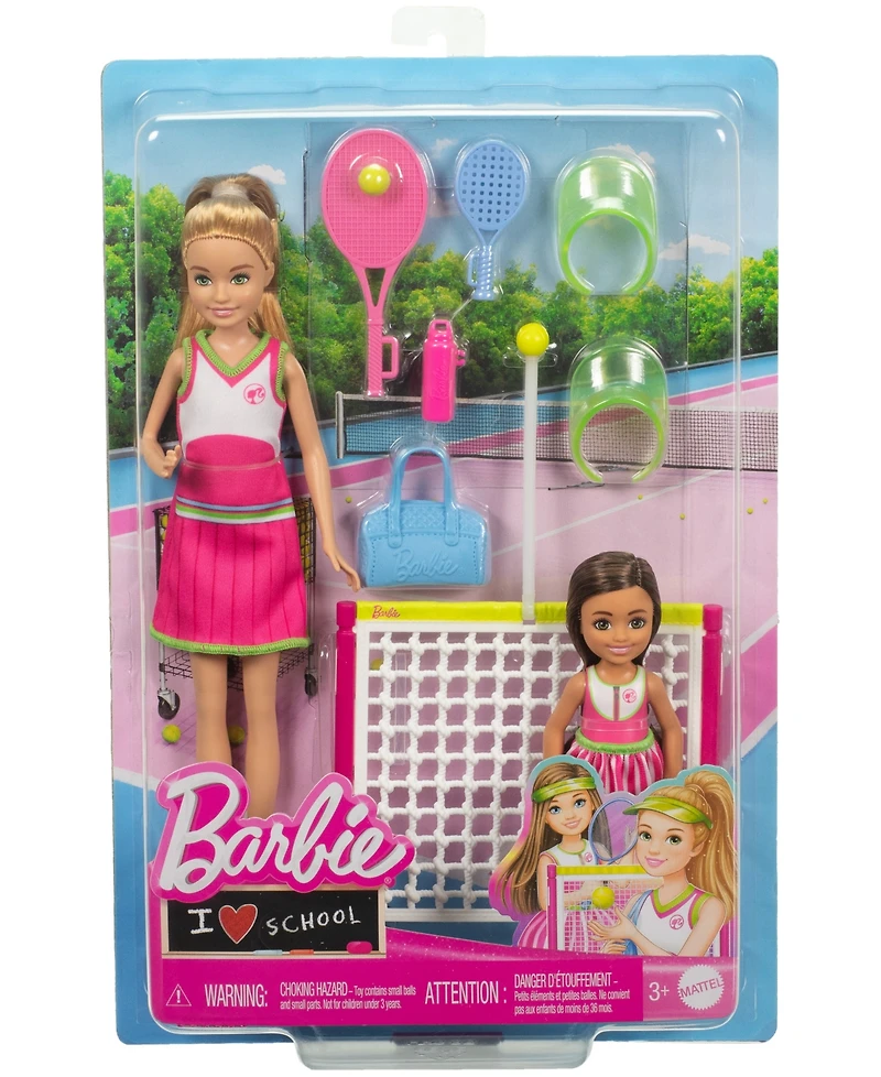Barbie Stacie Chelsea Tennis Playset with 2 Dolls, Net 5+ Accessories, Moving Ball Action