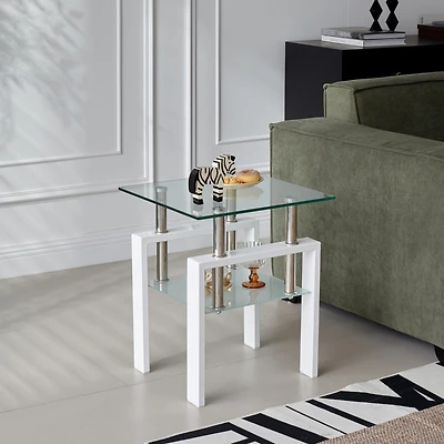 Streamdale Tempered Glass End Table, 2-Tier Storage, Living Room Side Table
